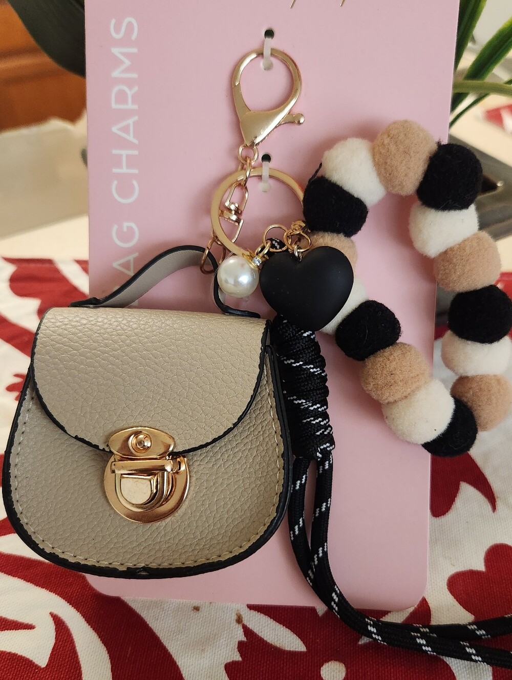 Tan Mini Saddle Bag Charm/Keychain w PomPoms, Pearl, Black Heart & Ties NWT